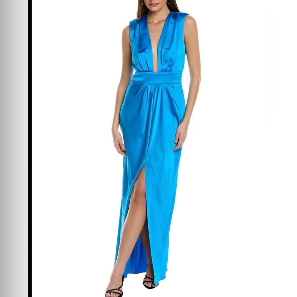 NWT Ramy Brook Women's Quinn Pleated Deep V-Neck Satin Gown Dress Sz 8 Blue Lake